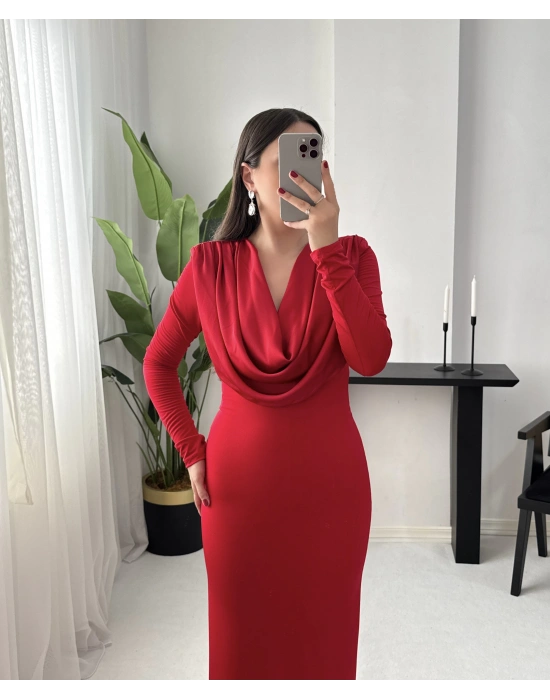 DALİA DEGAJE YAKA KIRMIZI ELBİSE