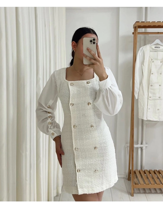 EKRU TÜVİT DÜĞME DETAYLI ELBİSE