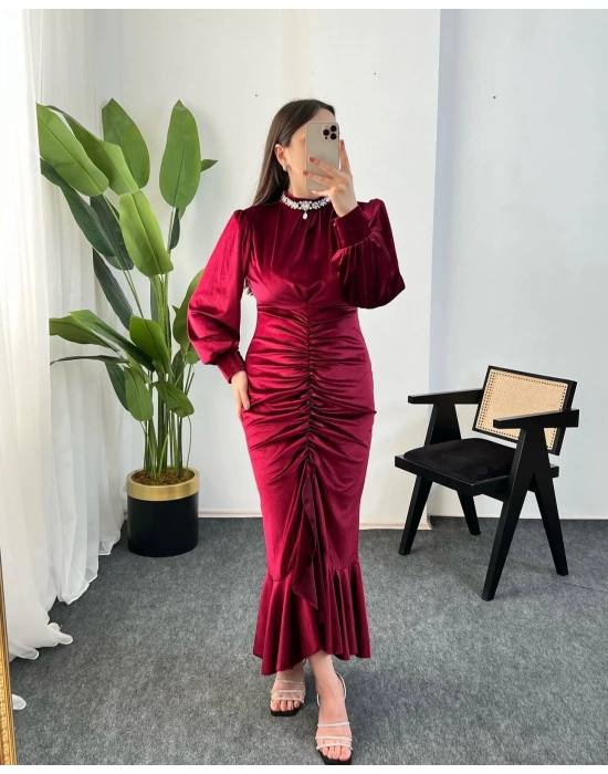 FİONA VOLANLI KADİFE BORDO ELBİSE