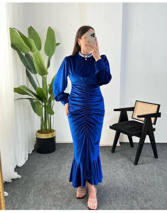 FİONA VOLANLI KADİFE SAKS ELBİSE