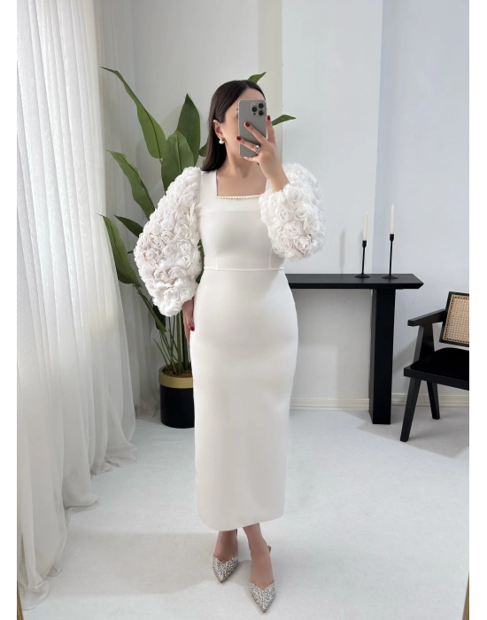 FLORA İNCİ KARE YAKA ÇİÇEK GÜPÜR DETAYLI ELBİSE