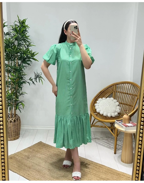 HAKİM YAKA BEYAZ ÇİZGİLİ ELBİSE