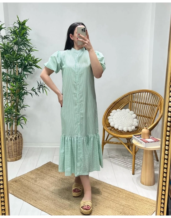 HAKİM YAKA YEŞİL ÇİZGİLİ ELBİSE