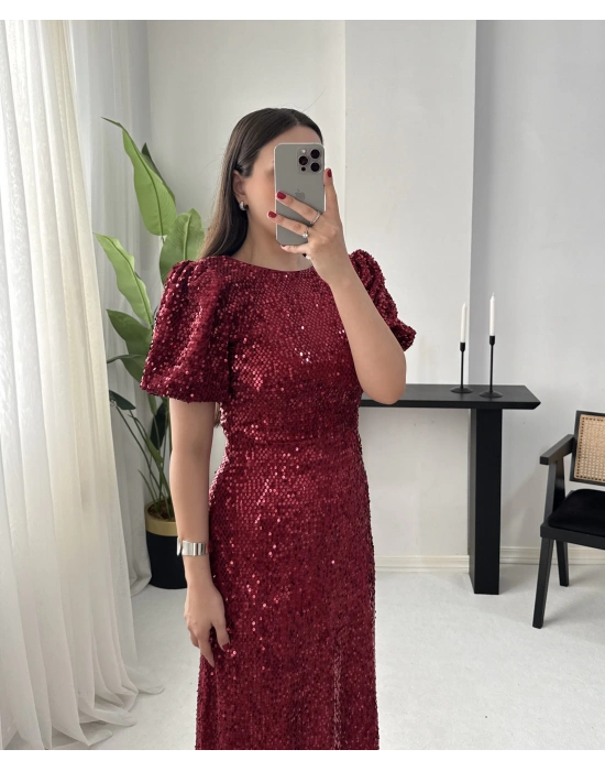 KAİRA PAYETLİ BORDO ELBİSE