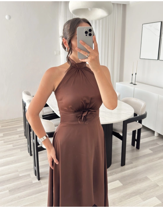 KATHİA ÇİÇEK DETAYLI KAHVE ELBİSE