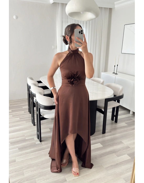 KATHİA ÇİÇEK DETAYLI KAHVE ELBİSE