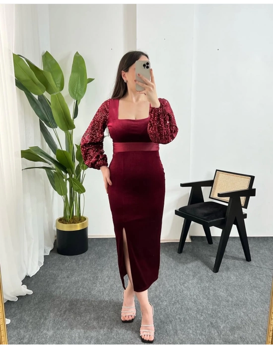 KİRİ PAYET İŞLEMELİ KARE YAKA KADİFE BORDO ELBİSE