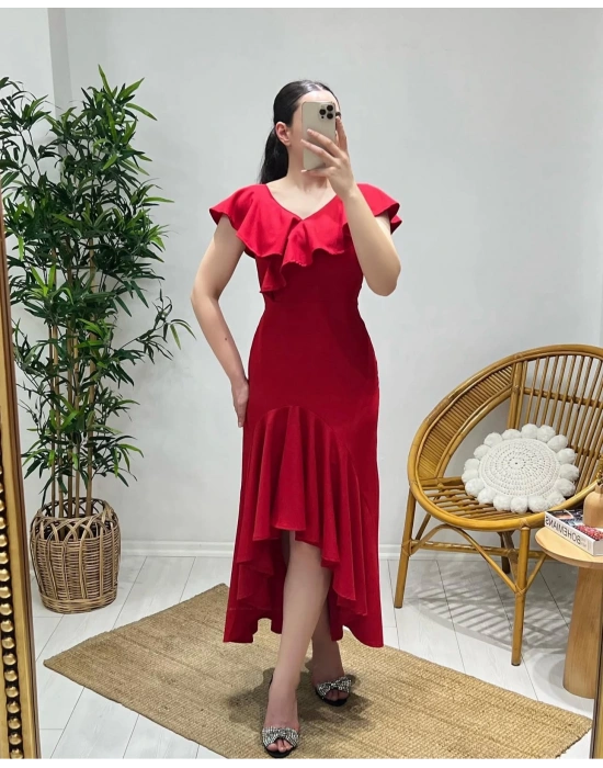 KIRMIZI KISA KOLLU VOLANLI ELBİSE