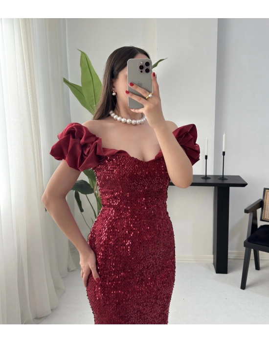 LENORA PAYETLİ BORDO ELBİSE