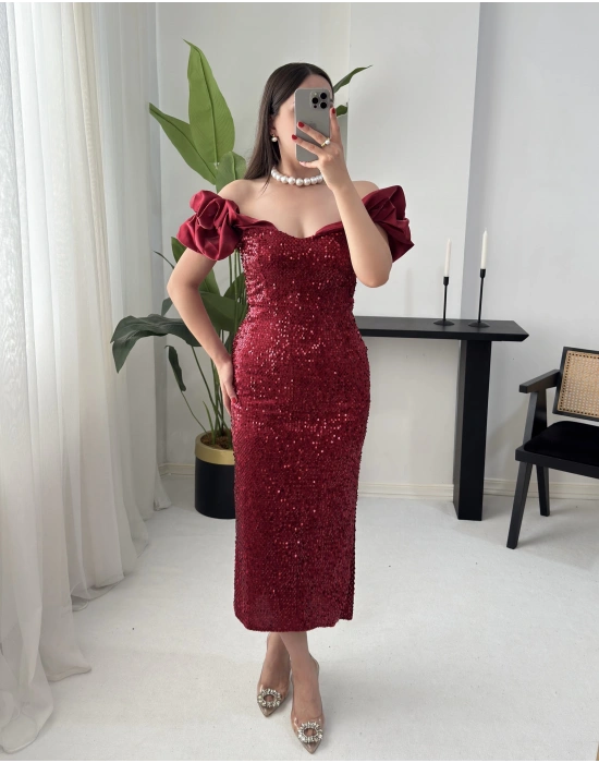 LENORA PAYETLİ BORDO ELBİSE