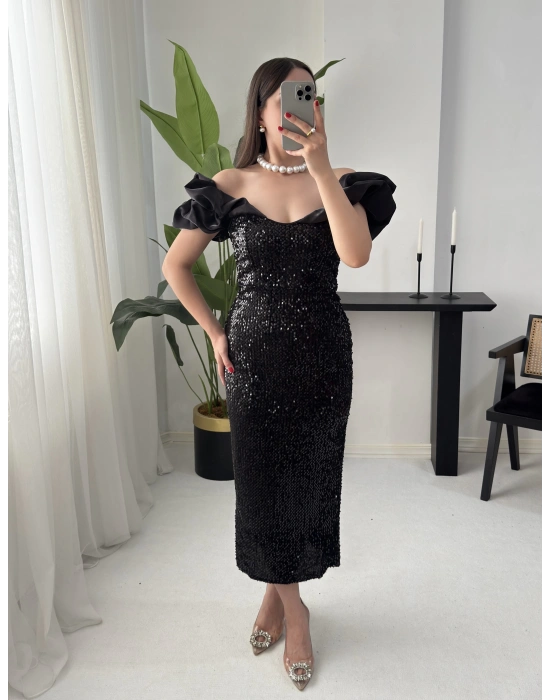 LENORA PAYETLİ SİYAH ELBİSE