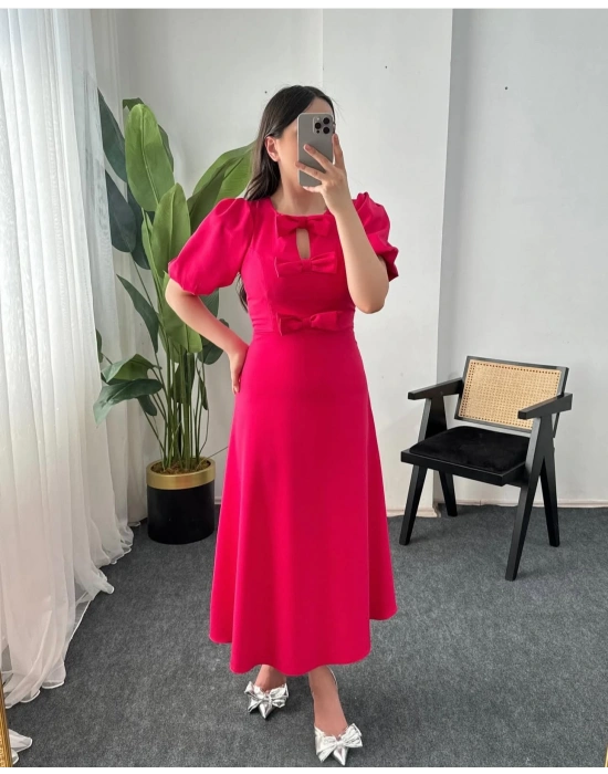 LİDİY FUŞYA FİYONK DETAYLI ELBİSE