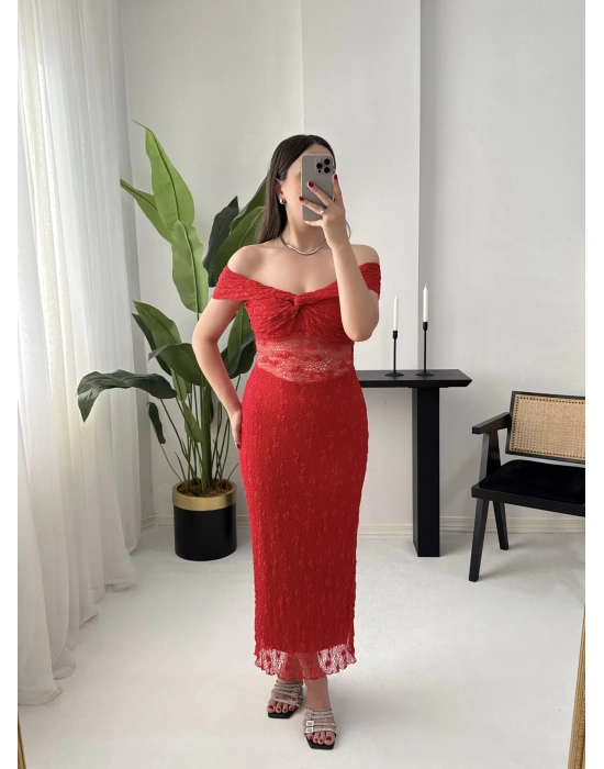 LORRY DANTEL KAYIK YAKA KIRMIZI ELBİSE