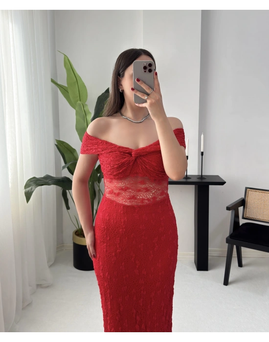 LORRY DANTEL KAYIK YAKA KIRMIZI ELBİSE