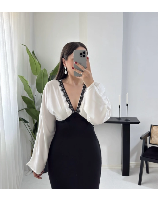 LULU DANTEL DETAYLI V YAKA SATEN ELBİSE