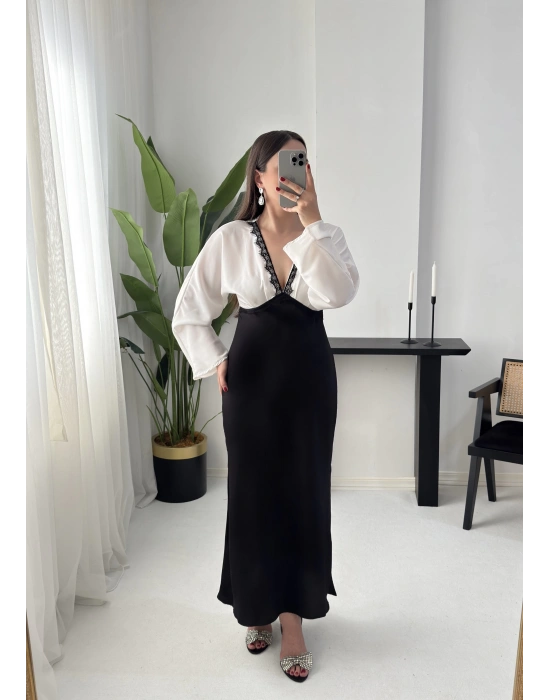 LULU DANTEL DETAYLI V YAKA SATEN ELBİSE