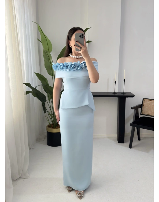 MATİLDA ÇİÇEK DETAYLI MAVİ ELBİSE