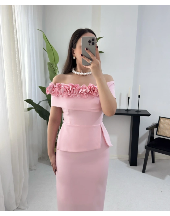 MATİLDA ÇİÇEK DETAYLI PEMBE ELBİSE