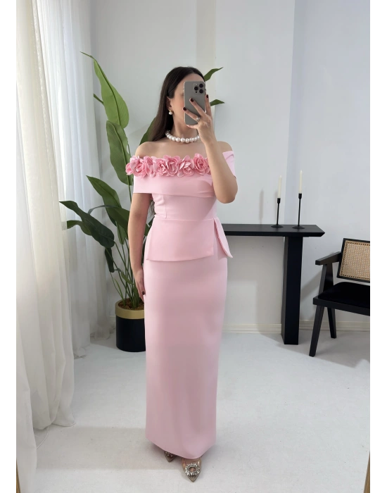 MATİLDA ÇİÇEK DETAYLI PEMBE ELBİSE
