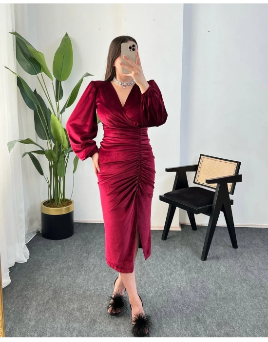 MİO BORDO KADİFE ELBİSE