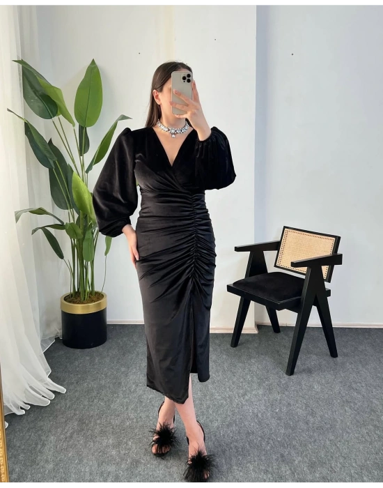 MİO SİYAH KADİFE ELBİSE