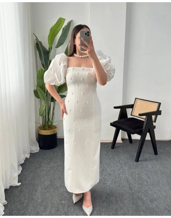 MOİRA KARE YAKA BALON KOL İNCİ İŞLEMELİ BEYAZ ELBİSE