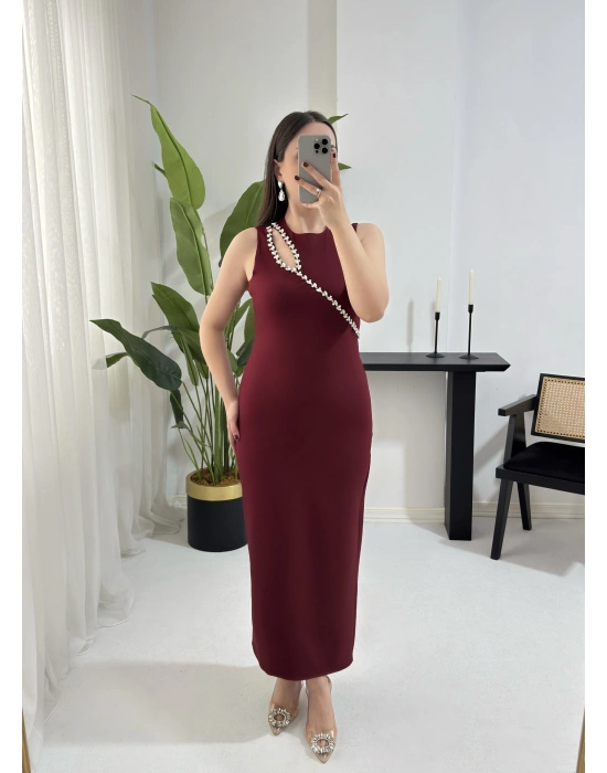 NİNA TAŞ YAKA BORDO ELBİSE