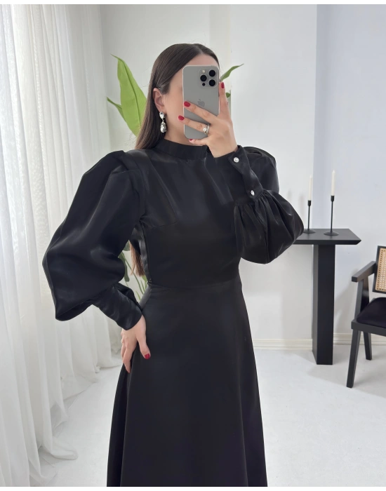 POLİNA PARLAK KUMAŞ SİYAH ELBİSE