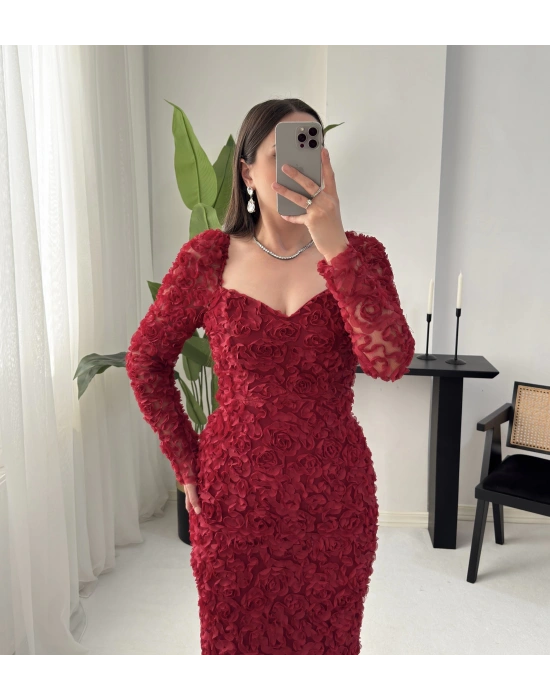 ROSELLE ÜÇ BOYUTLU GÜLLÜ KALP YAKA ELBİSE