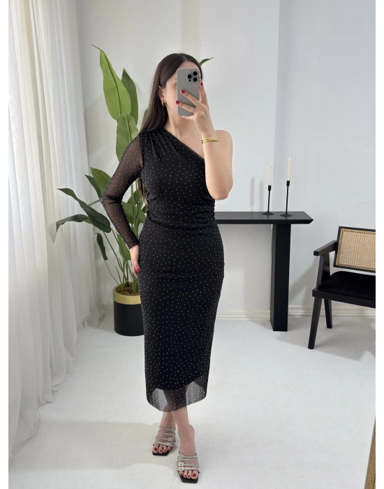 SANDRA OMUZ DETAYLI TAŞLI TÜL ELBİSE