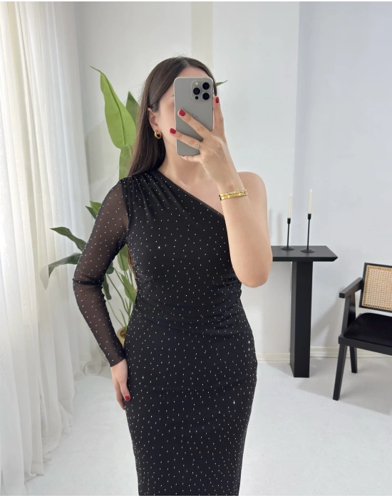 SANDRA OMUZ DETAYLI TAŞLI TÜL ELBİSE