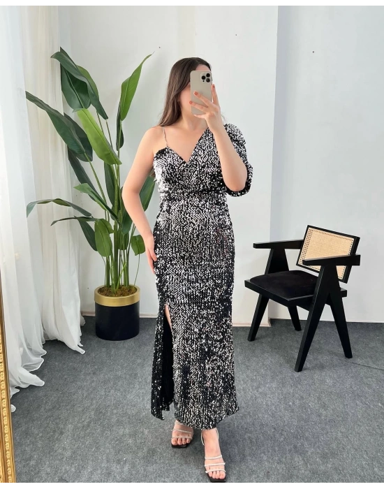 SHİNY GRİ PAYETLİ ELBİSE