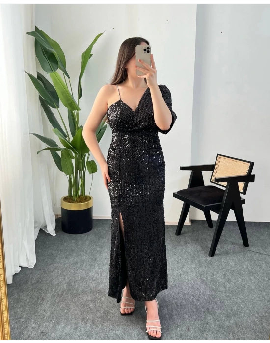 SHİNY SİYAH PAYETLİ ELBİSE