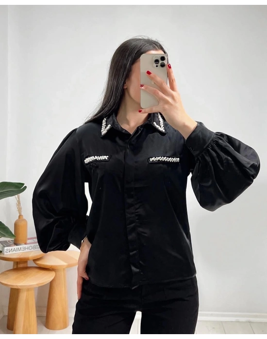 SİYAH İNCİ İŞLEME SATEN GÖMLEK