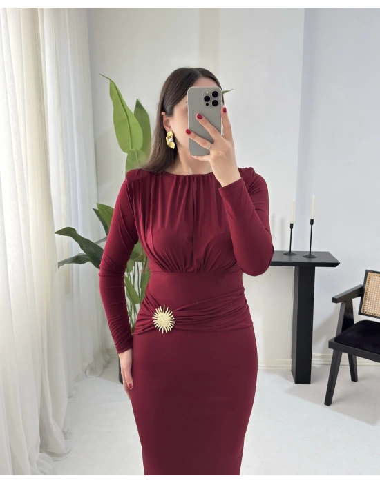 SONYA GOLD DETAYLI VATKALI BORDO ELBİSE