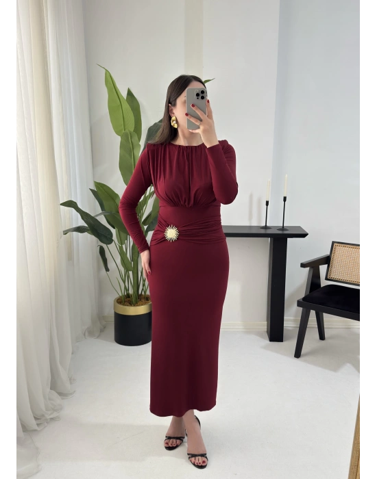 SONYA GOLD DETAYLI VATKALI BORDO ELBİSE