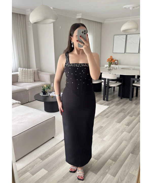OLİVİA KORSE DETAYLI TAŞLI ELBİSE