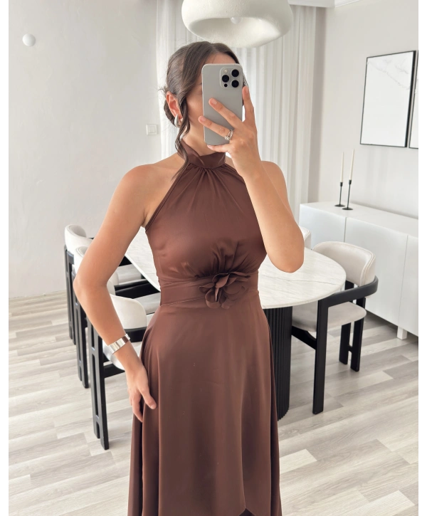 KATHİA ÇİÇEK DETAYLI KAHVE ELBİSE