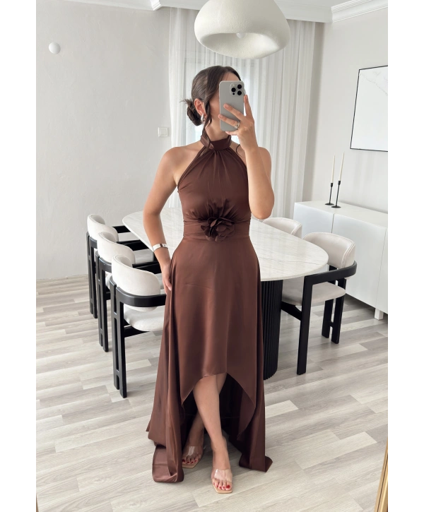 KATHİA ÇİÇEK DETAYLI KAHVE ELBİSE