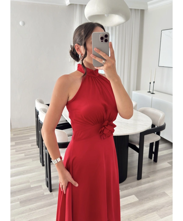 KATHİA ÇİÇEK DETAYLI KIRMIZI ELBİSE