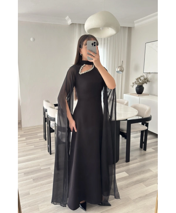 LORA PELERİNLİ TAŞ YAKA ELBİSE