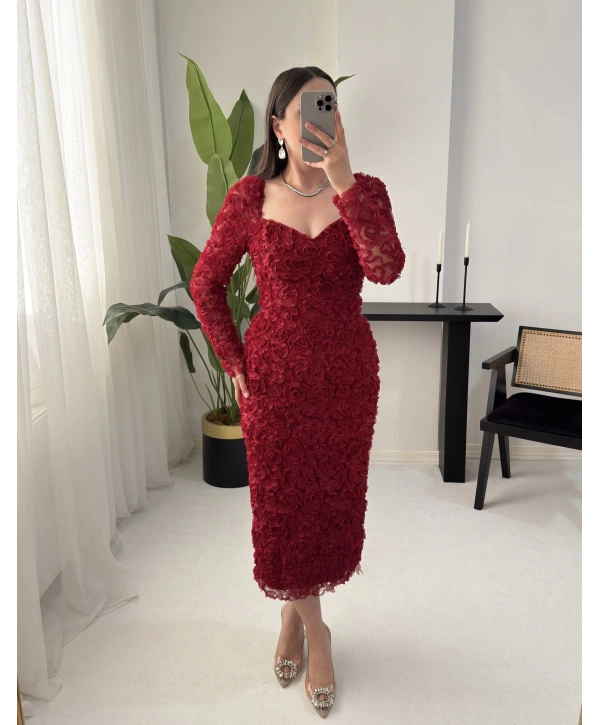 ROSELLE ÜÇ BOYUTLU GÜLLÜ KALP YAKA ELBİSE