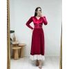 BORDO İNCİ BEL DETAYLI KADİFE ELBİSE