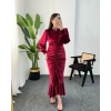 FİONA VOLANLI KADİFE BORDO ELBİSE