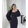 FLORA İNCİ KARE YAKA ÇİÇEK GÜPÜR DETAYLI SİYAH ELBİSE