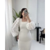 FLORA İNCİ KARE YAKA ÇİÇEK GÜPÜR DETAYLI ELBİSE