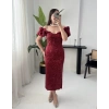 LENORA PAYETLİ BORDO ELBİSE