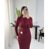 SONYA GOLD DETAYLI VATKALI BORDO ELBİSE