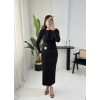 SONYA GOLD DETAYLI VATKALI SİYAH ELBİSE