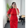 VALİNTA KIRMIZI BÜZGÜLÜ SATEN ELBİSE